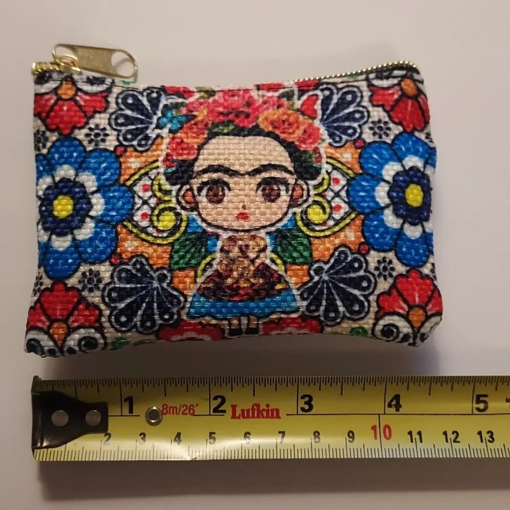 Frida Kahlo Coin Purse Colorful Floral Patterned Cosmetic Bag Zippered